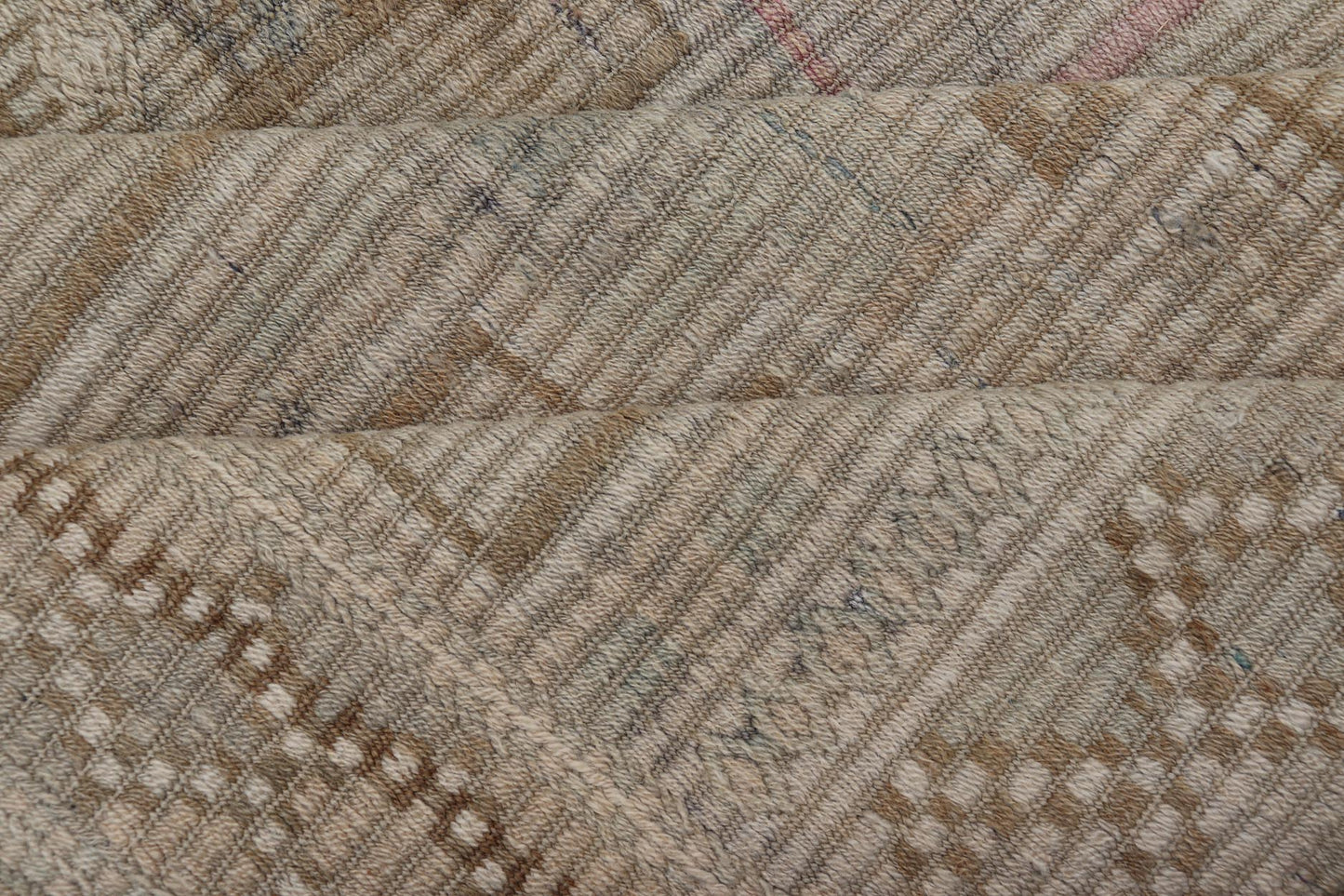 Vintage Turkish Embroidered Square Designed Kilim in Tan, Cream, and Light Green. Keivan Woven Arts / rug/EN - 14030, country of origin / type: Turkey / Kilim, circa 1950 Measures: 7'6 x 9'5 This Embroidered kilim rug from Turkey features an all - o... - Keivan Woven ArtsEN - 14030 - 23732Rug