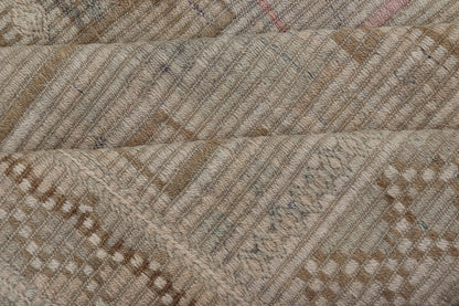 Vintage Turkish Embroidered Square Designed Kilim in Tan, Cream, and Light Green. Keivan Woven Arts / rug/EN - 14030, country of origin / type: Turkey / Kilim, circa 1950 Measures: 7'6 x 9'5 This Embroidered kilim rug from Turkey features an all - o... - Keivan Woven ArtsEN - 14030 - 23732Rug