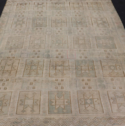 Vintage Turkish Embroidered Square Designed Kilim in Tan, Cream, and Light Green. Keivan Woven Arts / rug/EN - 14030, country of origin / type: Turkey / Kilim, circa 1950 Measures: 7'6 x 9'5 This Embroidered kilim rug from Turkey features an all - o... - Keivan Woven ArtsEN - 14030 - 23732Rug
