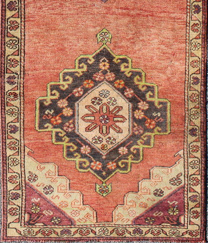 Orange Multi - Medallion Vintage Turkish Oushak Runner with Sub - Geometric Florals, rug en - 140345, country of origin / type: Turkey / Oushak, circa 1940 This vintage Oushak runner features a unique blend of cheerful colors and an intricately beauti... - Keivan Woven ArtsEN - 140345 - 6354Rug