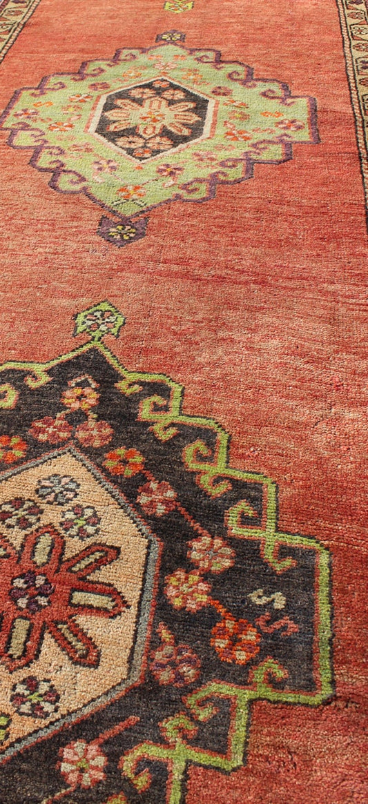 Orange Multi - Medallion Vintage Turkish Oushak Runner with Sub - Geometric Florals, rug en - 140345, country of origin / type: Turkey / Oushak, circa 1940 This vintage Oushak runner features a unique blend of cheerful colors and an intricately beauti... - Keivan Woven ArtsEN - 140345 - 6354