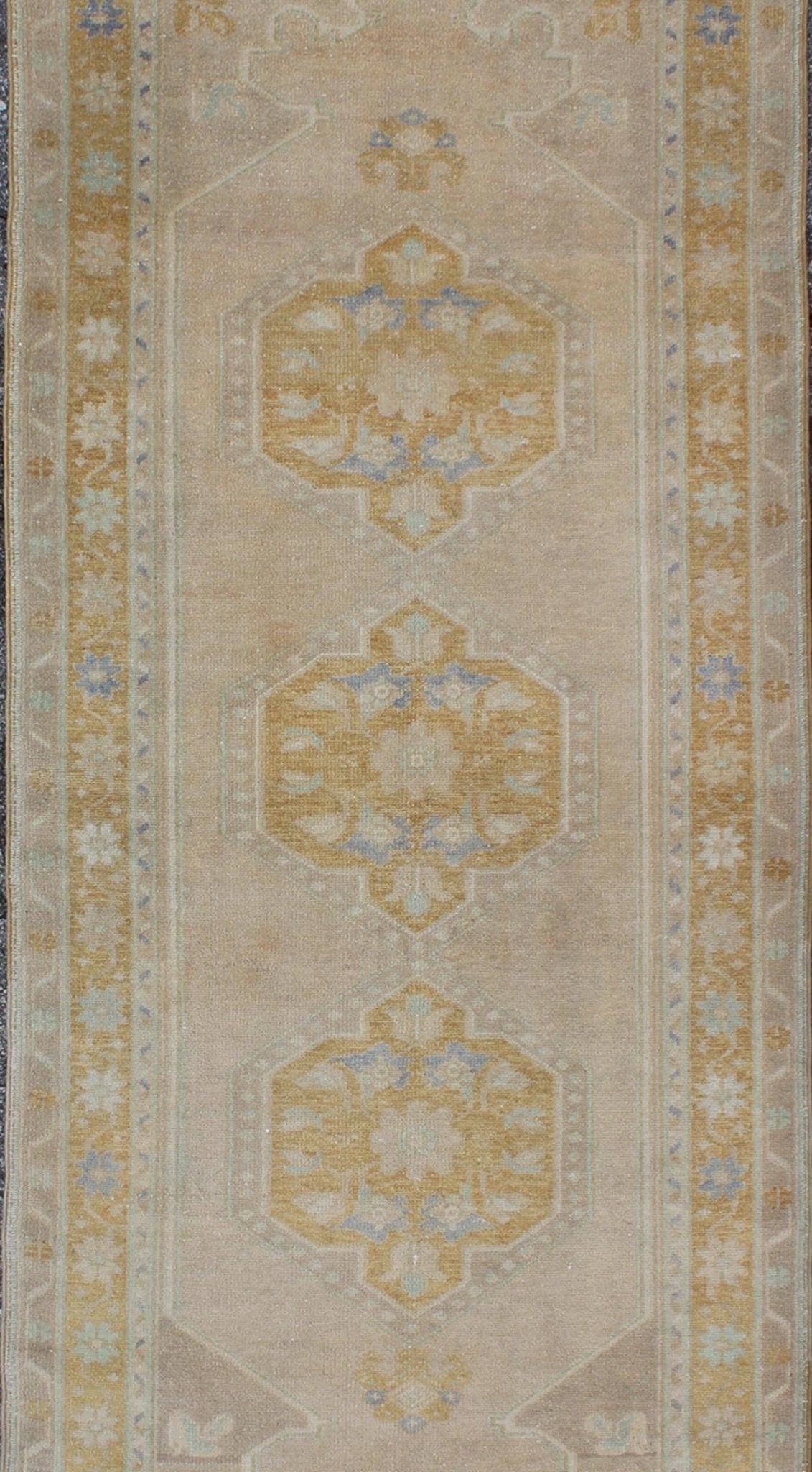Acid green and gray vintage Turkish Oushak runner with floral medallions, rug en - 140350, country of origin / type: Turkey / Oushak, circa 1940. This vintage Oushak runner features a unique blend of cheerful colors and an intricately beautiful de... - Keivan Woven ArtsEN - 140350 - 5634Rug