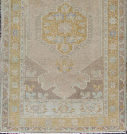 Acid green and gray vintage Turkish Oushak runner with floral medallions, rug en - 140350, country of origin / type: Turkey / Oushak, circa 1940. This vintage Oushak runner features a unique blend of cheerful colors and an intricately beautiful de... - Keivan Woven ArtsEN - 140350 - 5634Rug