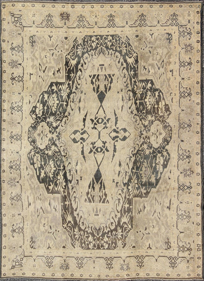 Turkish Antique Sevas Rug with Fine Weave in Gray Green and Taupe. Measures: 6'6 x 8'9. Measures: 6'6 x 8'9. Set on a deep gray green background, this fabulous antique Turkish Sevas showcases a large and bold medallion surrounded by flowers a... - Keivan Woven ArtsEN - 140356 - 6045Rug