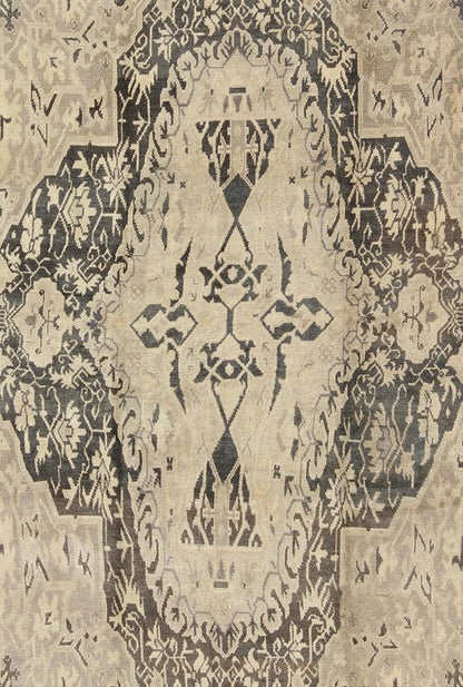 Turkish Antique Sevas Rug with Fine Weave in Gray Green and Taupe. Measures: 6'6 x 8'9. Measures: 6'6 x 8'9. Set on a deep gray green background, this fabulous antique Turkish Sevas showcases a large and bold medallion surrounded by flowers a... - Keivan Woven ArtsEN - 140356 - 6045Rug