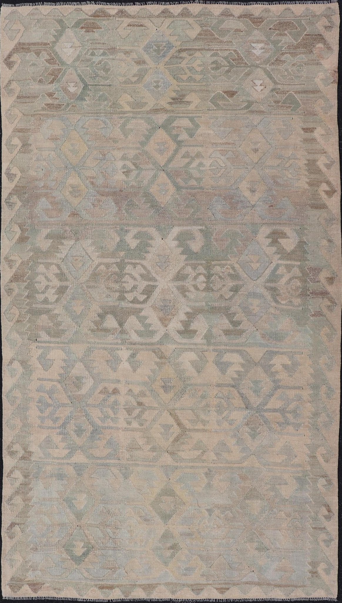 Gallery Turkish Vintage Flat - Weave Tribal Designed Kilim in Earthy Tones This vintage Turkish flat weave Kilim features tribal relics and faded earthy neutrals. The repeating design covers the entire field of muted light blue, caramel, taupe and gr... - Keivan Woven ArtsEN - 14037 - 23738Rug