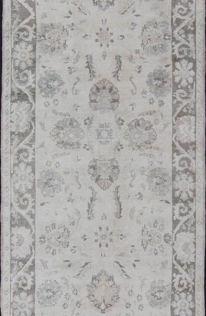 Oushak Gallery Runner with Traditional Design in Taupe, Gray and Cream Gray and cream vintage Turkish gallery,rug en - 140377, country of origin / type: Turkey / Oushak, circa 1940 Handwoven in mid - 20th century Turkey, this vintage Oushak c... - Keivan Woven ArtsEN - 140377 - 6358Rug