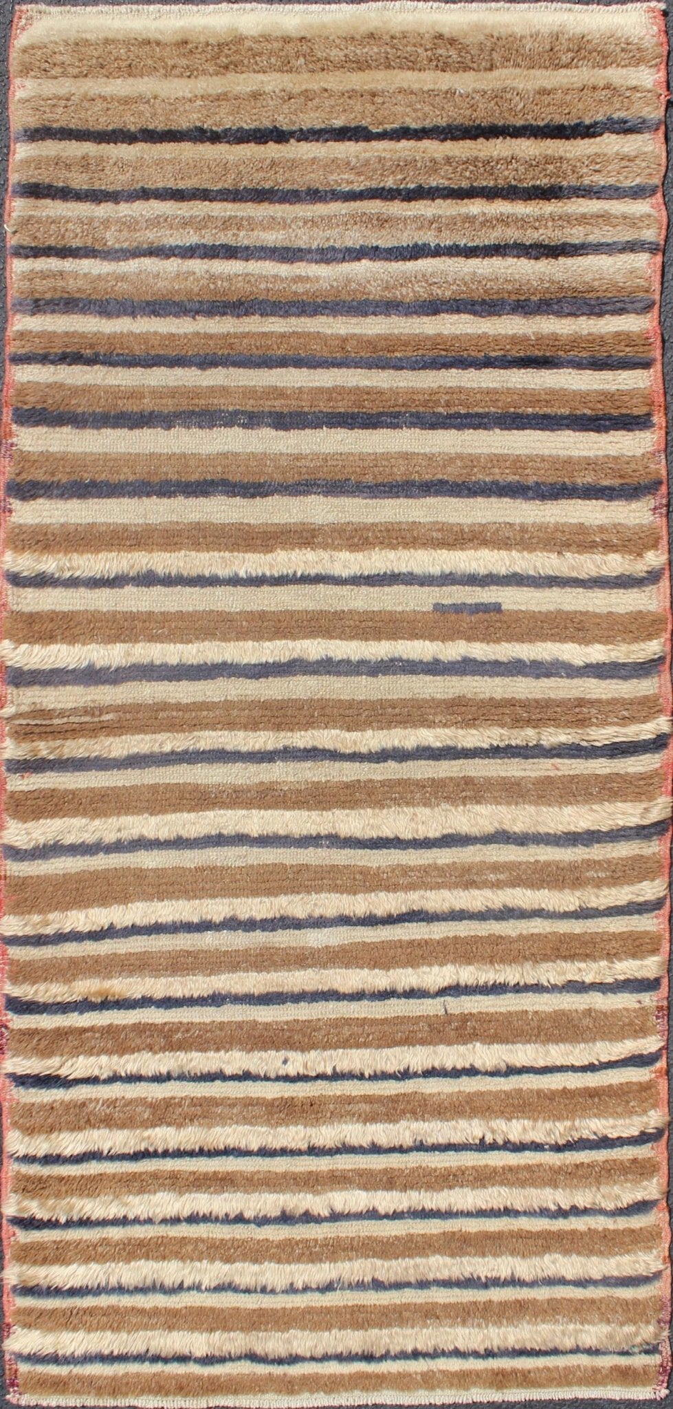 Vintage Turkish Tulu carpet with light brown, light beige/taupe and navy blue stripe pattern, rug EN - 140393. Keivan Woven Arts / country of origin / type: Turkey / Tulu, circa mid - 20th century. Measures: 2'7 x 5'10. Modern Turkish Tulu ru... - Keivan Woven ArtsEN - 140393 - 5638Rug