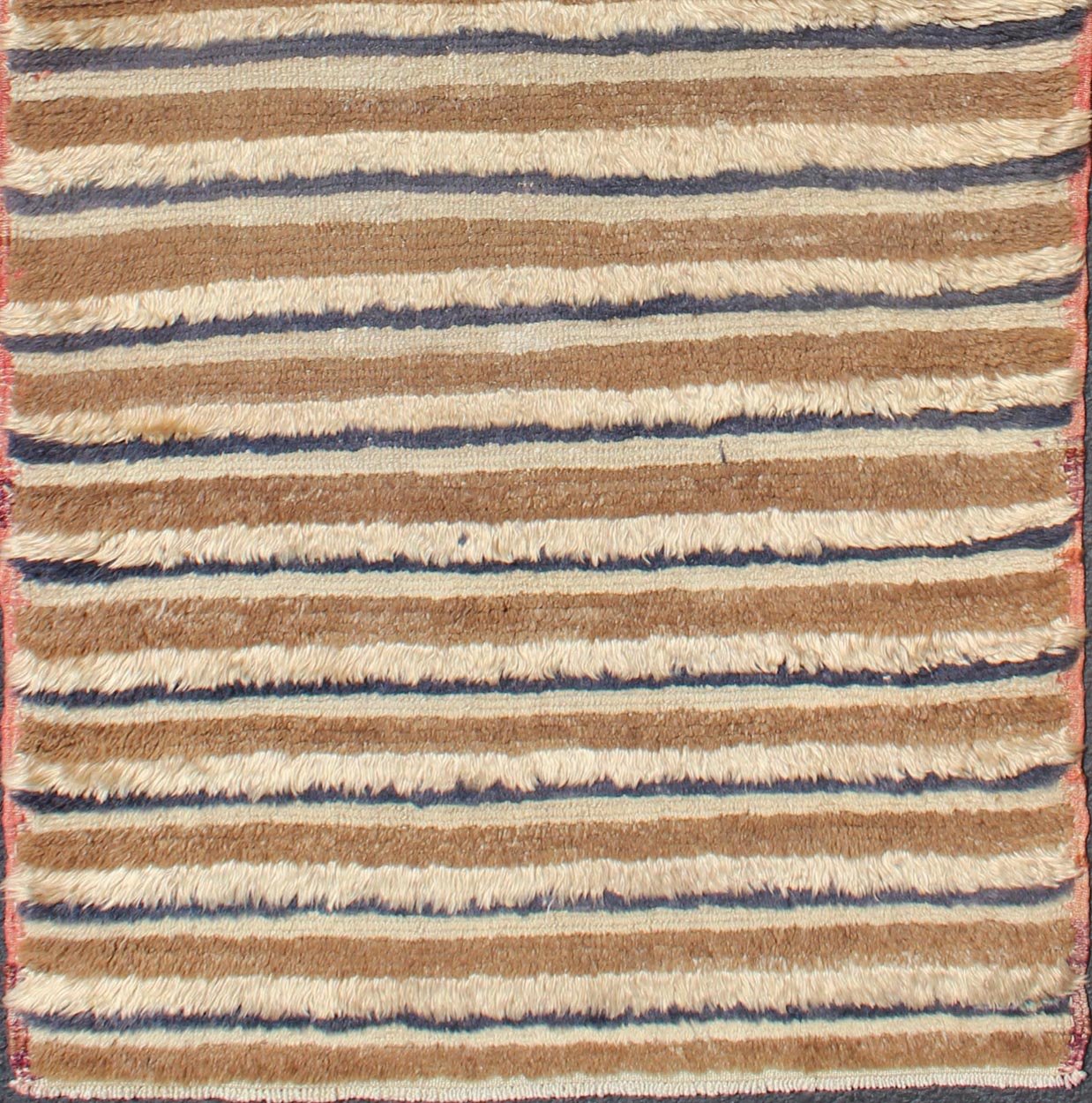 Vintage Turkish Tulu carpet with light brown, light beige/taupe and navy blue stripe pattern, rug EN - 140393. Keivan Woven Arts / country of origin / type: Turkey / Tulu, circa mid - 20th century. Measures: 2'7 x 5'10. Modern Turkish Tulu ru... - Keivan Woven ArtsEN - 140393 - 5638Rug