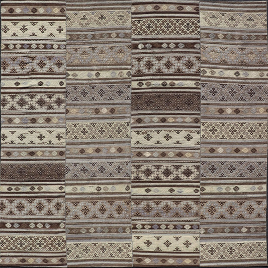 Measures: 10'10 x 11'6 Large Vintage Flat - Woven Turkish Paneled Kilim Rug in Wool with Stripe Design. Keivan Woven Arts; rug EN - 14041, country of origin / type: Turkey / Kilim, circa 1950. This flat - weave tribal Turkish kilim has been hand - w... - Keivan Woven ArtsEN - 14041 - 22950