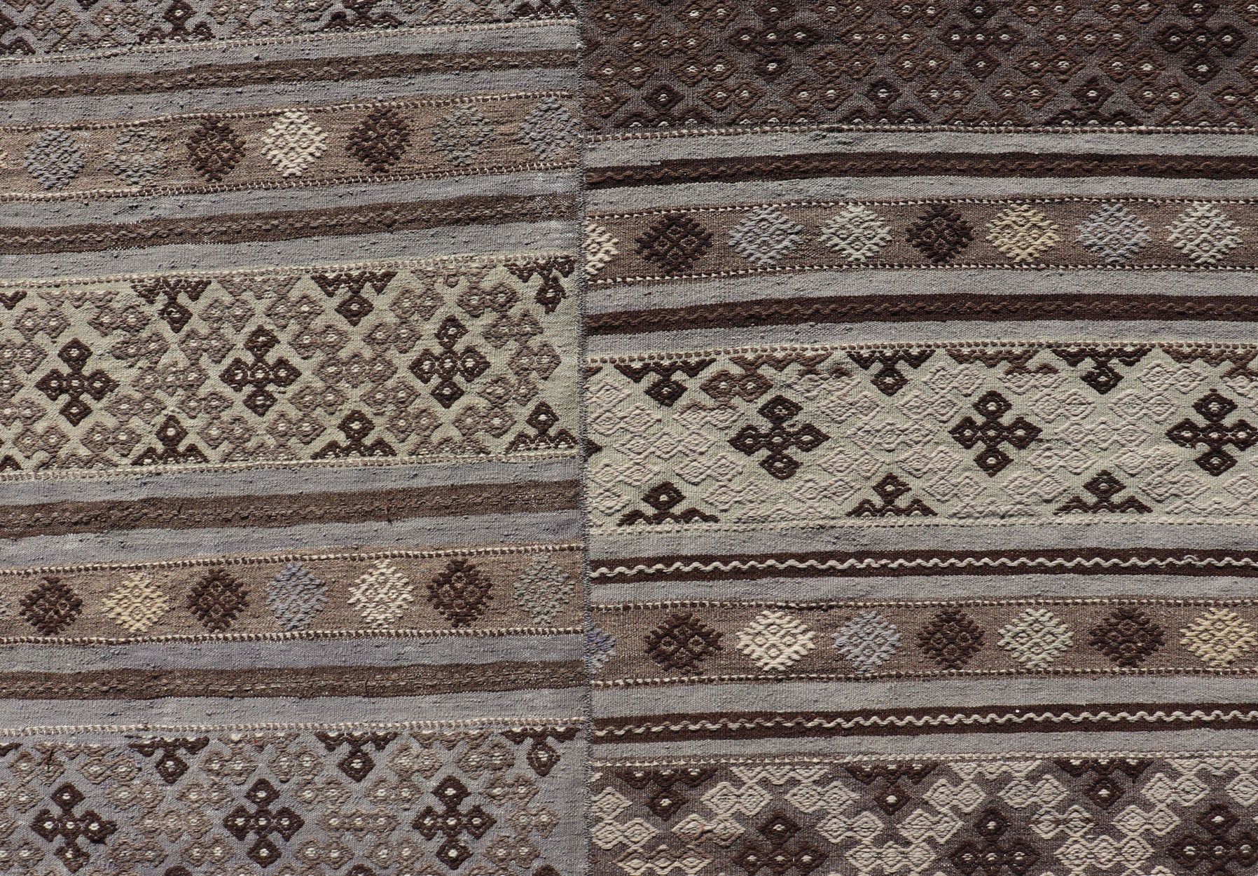 Measures: 10'10 x 11'6 Large Vintage Flat - Woven Turkish Paneled Kilim Rug in Wool with Stripe Design. Keivan Woven Arts; rug EN - 14041, country of origin / type: Turkey / Kilim, circa 1950. This flat - weave tribal Turkish kilim has been hand - w... - Keivan Woven ArtsEN - 14041 - 22950Rug