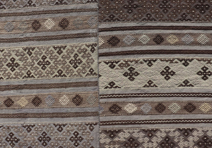 Measures: 10'10 x 11'6 Large Vintage Flat - Woven Turkish Paneled Kilim Rug in Wool with Stripe Design. Keivan Woven Arts; rug EN - 14041, country of origin / type: Turkey / Kilim, circa 1950. This flat - weave tribal Turkish kilim has been hand - w... - Keivan Woven ArtsEN - 14041 - 22950Rug