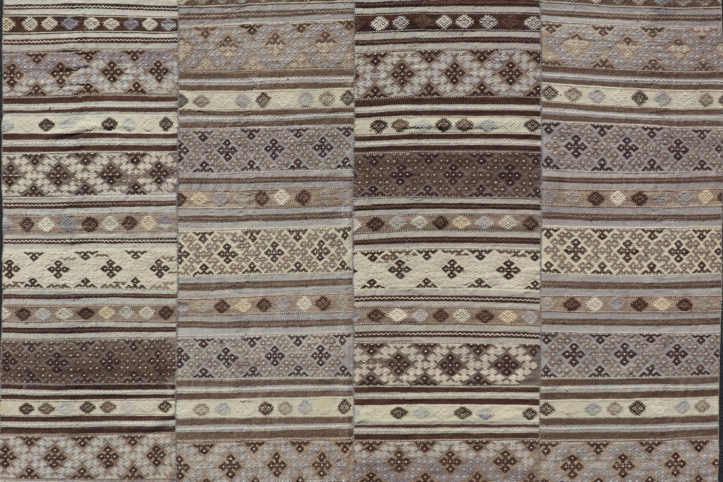 Measures: 10'10 x 11'6 Large Vintage Flat - Woven Turkish Paneled Kilim Rug in Wool with Stripe Design. Keivan Woven Arts; rug EN - 14041, country of origin / type: Turkey / Kilim, circa 1950. This flat - weave tribal Turkish kilim has been hand - w... - Keivan Woven ArtsEN - 14041 - 22950Rug