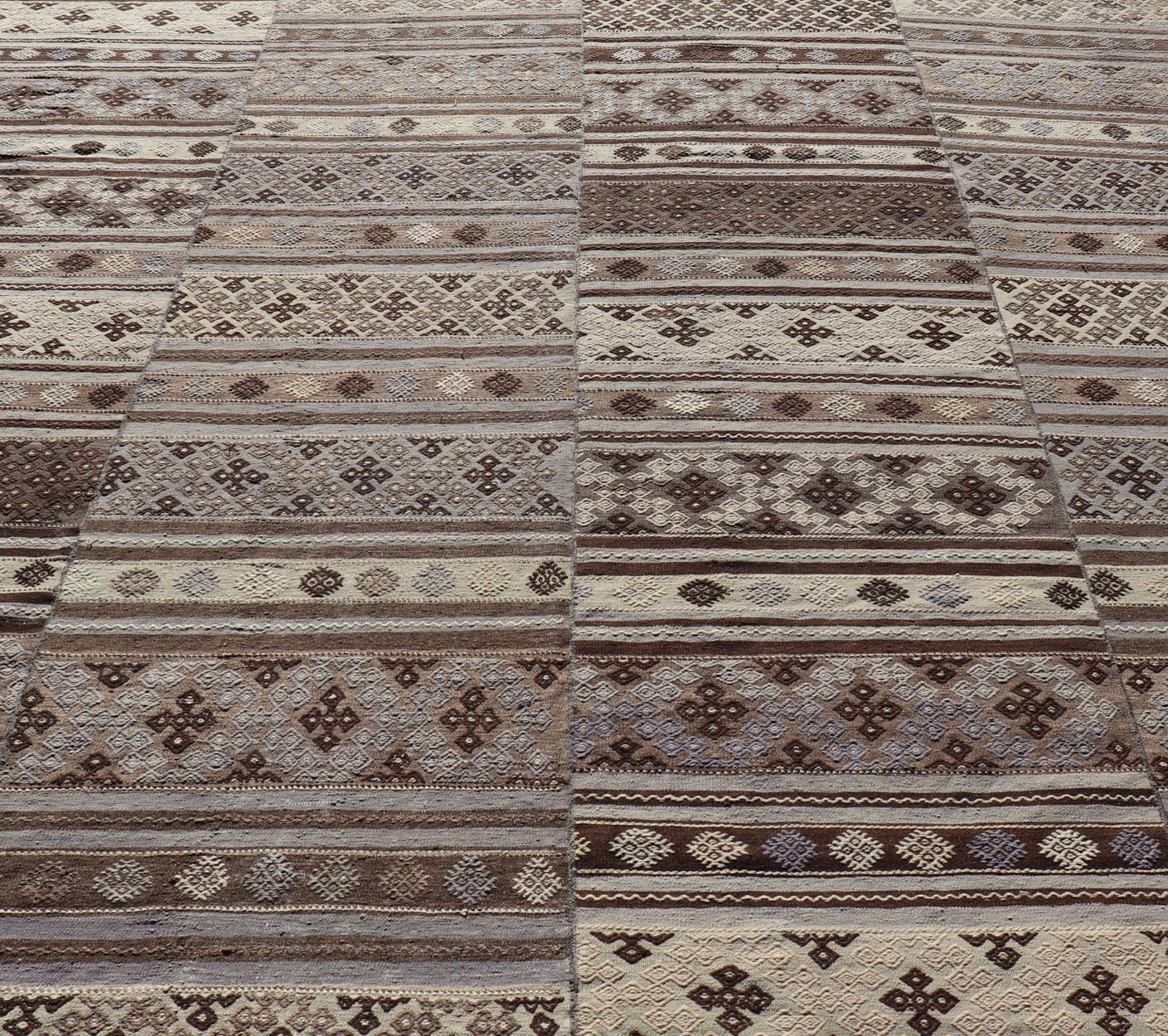 Measures: 10'10 x 11'6 Large Vintage Flat - Woven Turkish Paneled Kilim Rug in Wool with Stripe Design. Keivan Woven Arts; rug EN - 14041, country of origin / type: Turkey / Kilim, circa 1950. This flat - weave tribal Turkish kilim has been hand - w... - Keivan Woven ArtsEN - 14041 - 22950Rug