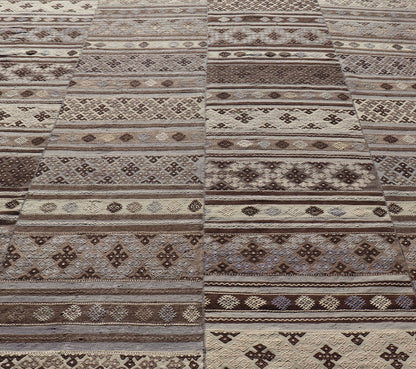 Measures: 10'10 x 11'6 Large Vintage Flat - Woven Turkish Paneled Kilim Rug in Wool with Stripe Design. Keivan Woven Arts; rug EN - 14041, country of origin / type: Turkey / Kilim, circa 1950. This flat - weave tribal Turkish kilim has been hand - w... - Keivan Woven ArtsEN - 14041 - 22950Rug