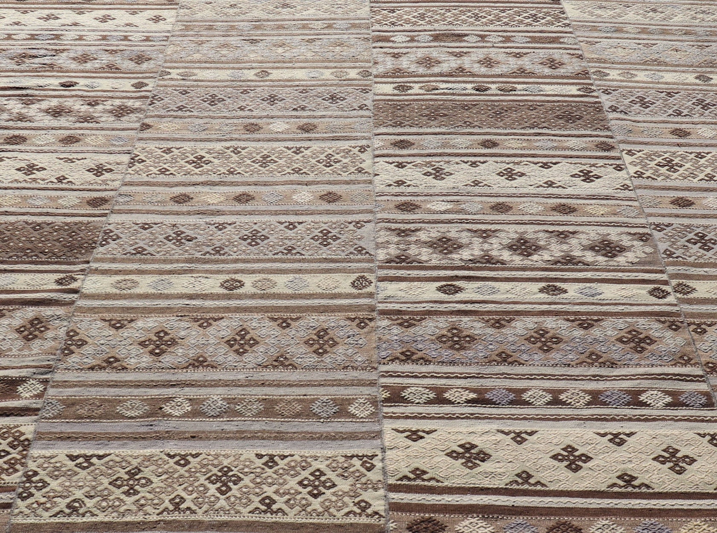 Measures: 10'10 x 11'6 Large Vintage Flat - Woven Turkish Paneled Kilim Rug in Wool with Stripe Design. Keivan Woven Arts; rug EN - 14041, country of origin / type: Turkey / Kilim, circa 1950. This flat - weave tribal Turkish kilim has been hand - w... - Keivan Woven ArtsEN - 14041 - 22950Rug
