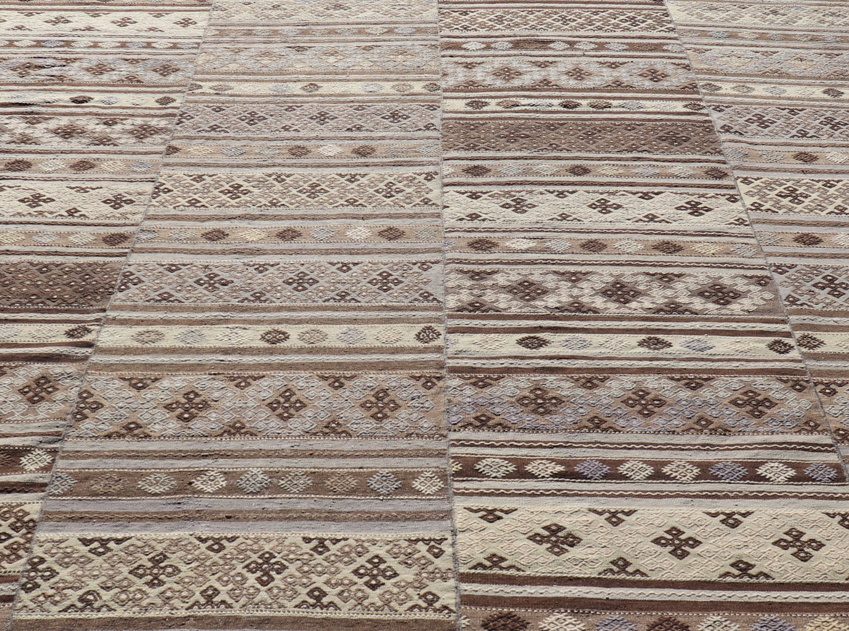 Measures: 10'10 x 11'6 Large Vintage Flat - Woven Turkish Paneled Kilim Rug in Wool with Stripe Design. Keivan Woven Arts; rug EN - 14041, country of origin / type: Turkey / Kilim, circa 1950. This flat - weave tribal Turkish kilim has been hand - w... - Keivan Woven ArtsEN - 14041 - 22950Rug