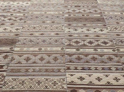 Measures: 10'10 x 11'6 Large Vintage Flat - Woven Turkish Paneled Kilim Rug in Wool with Stripe Design. Keivan Woven Arts; rug EN - 14041, country of origin / type: Turkey / Kilim, circa 1950. This flat - weave tribal Turkish kilim has been hand - w... - Keivan Woven ArtsEN - 14041 - 22950Rug