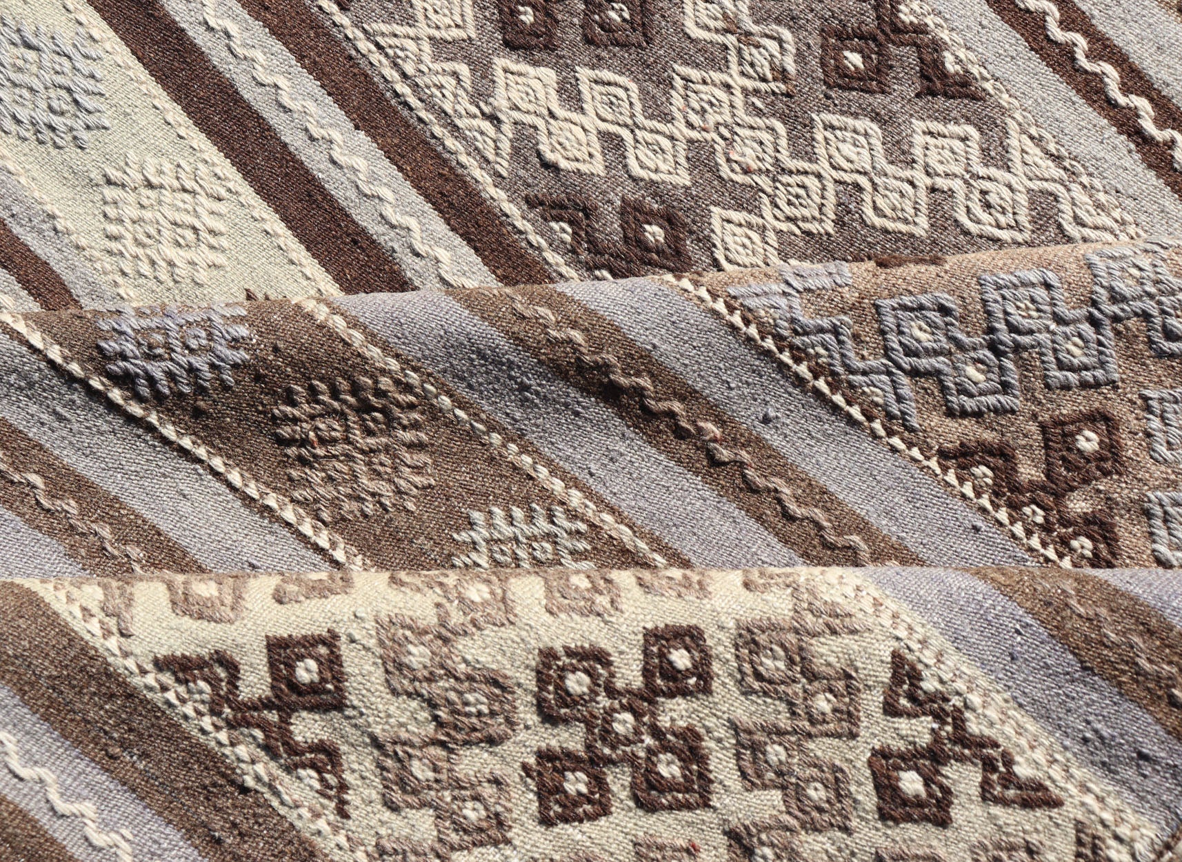 Measures: 10'10 x 11'6 Large Vintage Flat - Woven Turkish Paneled Kilim Rug in Wool with Stripe Design. Keivan Woven Arts; rug EN - 14041, country of origin / type: Turkey / Kilim, circa 1950. This flat - weave tribal Turkish kilim has been hand - w... - Keivan Woven ArtsEN - 14041 - 22950Rug