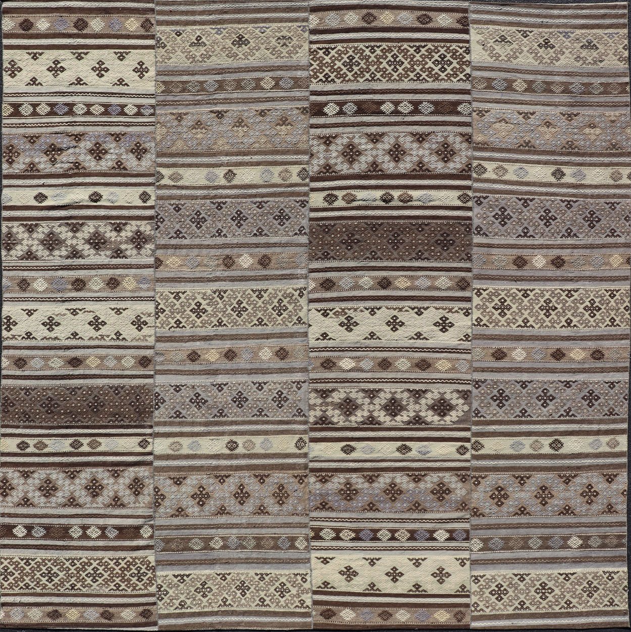 Measures: 10'10 x 11'6 Large Vintage Flat - Woven Turkish Paneled Kilim Rug in Wool with Stripe Design. Keivan Woven Arts; rug EN - 14041, country of origin / type: Turkey / Kilim, circa 1950. This flat - weave tribal Turkish kilim has been hand - w... - Keivan Woven ArtsEN - 14041 - 22950Rug