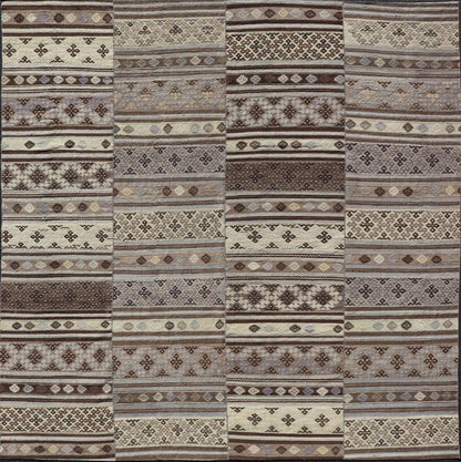 Measures: 10'10 x 11'6 Large Vintage Flat - Woven Turkish Paneled Kilim Rug in Wool with Stripe Design. Keivan Woven Arts; rug EN - 14041, country of origin / type: Turkey / Kilim, circa 1950. This flat - weave tribal Turkish kilim has been hand - w... - Keivan Woven ArtsEN - 14041 - 22950Rug