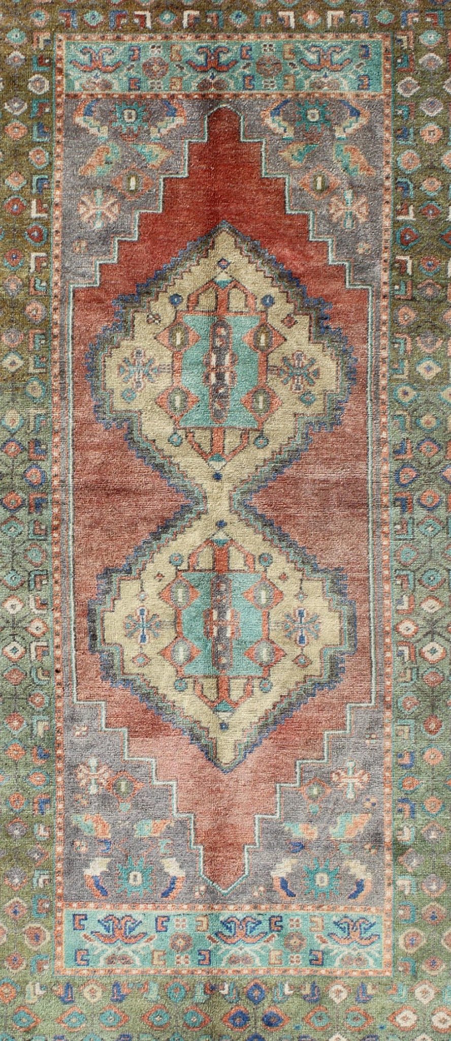 Green and Orange Turkish Oushak Rug Vintage Dual Diamond Medallions kwarugs Green and orange Turkish Oushak rug vintage dual diamond medallions, rug tu - en - 140417, country of origin / type: Turkey / Oushak, circa 1940 This vintage Turkish ... - Keivan Woven ArtsEN - 140417 - 5652Rug