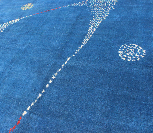 Mid - Century Modern Rug with Modern Design in medium Blue Background. Measures: 6'7 x 10'2 Rendered in random circles with an abstract triangle shape, this Mid - Century Modern rug is set on Sapphire Blue background with shades of white, red an... - Keivan Woven ArtsEN - 140430 - 5660Rug