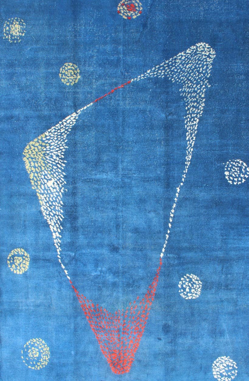 Mid - Century Modern Rug with Modern Design in medium Blue Background. Measures: 6'7 x 10'2 Rendered in random circles with an abstract triangle shape, this Mid - Century Modern rug is set on Sapphire Blue background with shades of white, red an... - Keivan Woven ArtsEN - 140430 - 5660Rug