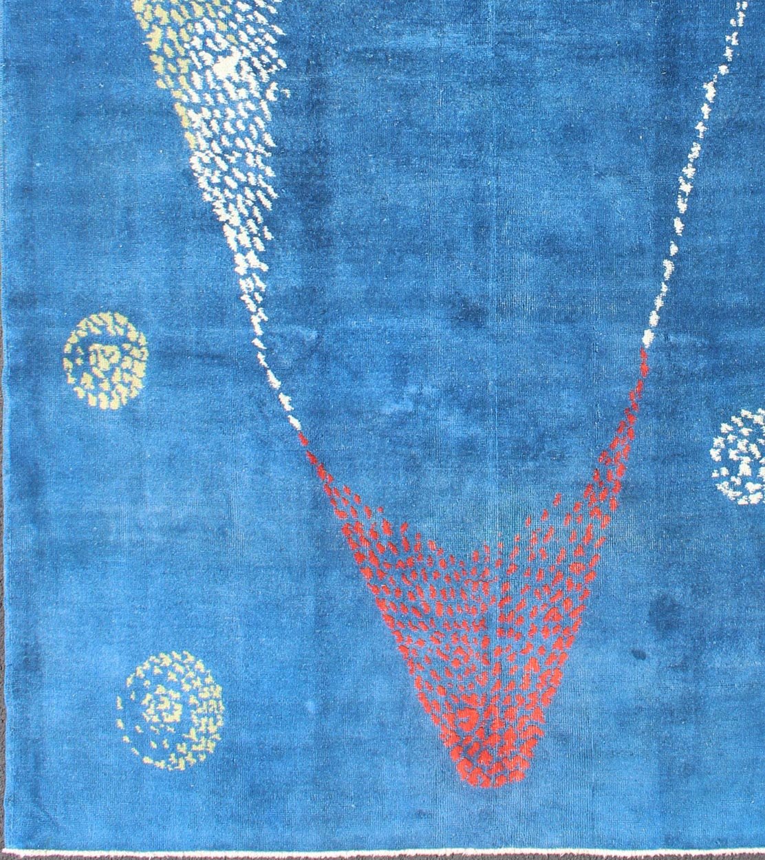 Mid - Century Modern Rug with Modern Design in medium Blue Background. Measures: 6'7 x 10'2 Rendered in random circles with an abstract triangle shape, this Mid - Century Modern rug is set on Sapphire Blue background with shades of white, red an... - Keivan Woven ArtsEN - 140430 - 5660Rug