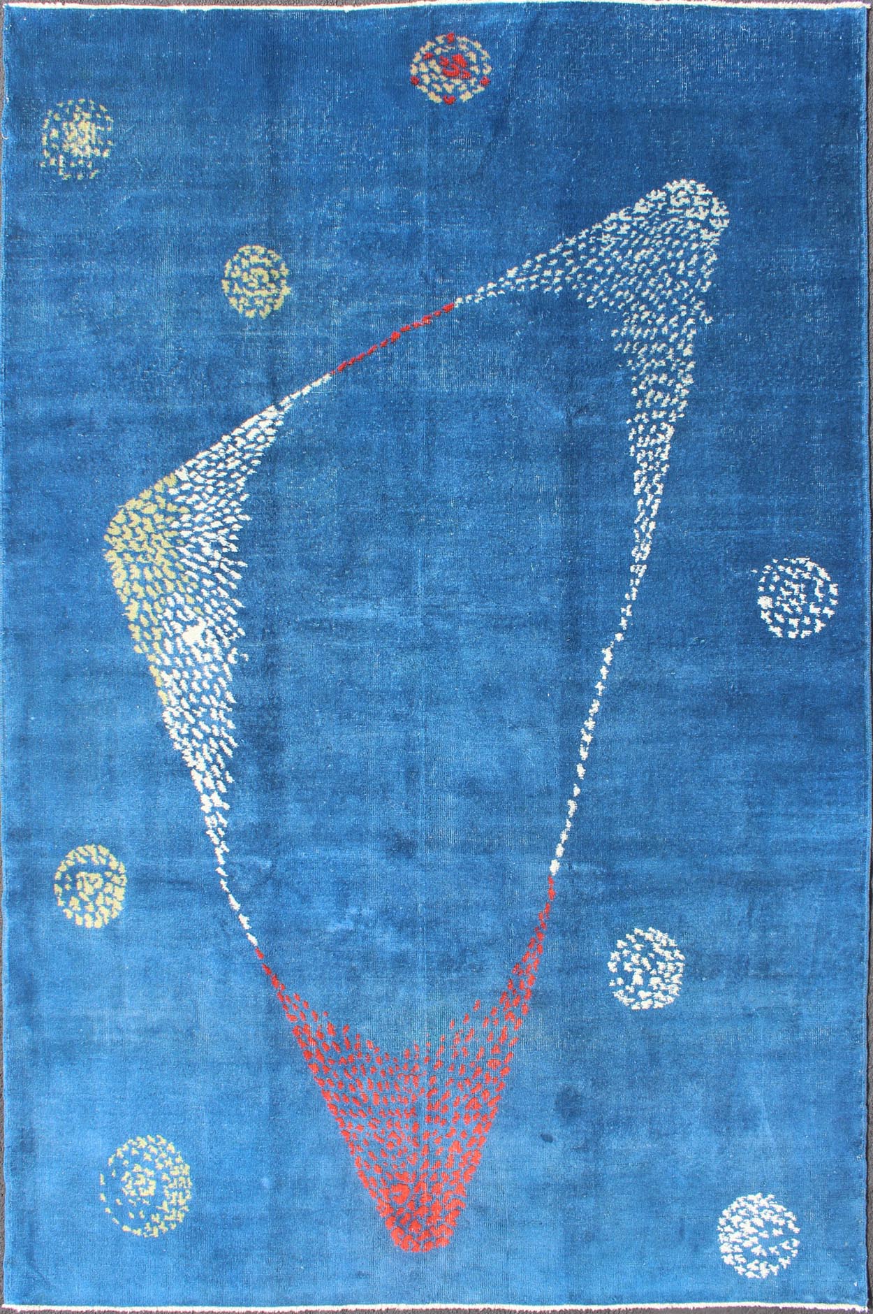 Mid - Century Modern Rug with Modern Design in medium Blue Background. Measures: 6'7 x 10'2 Rendered in random circles with an abstract triangle shape, this Mid - Century Modern rug is set on Sapphire Blue background with shades of white, red an... - Keivan Woven ArtsEN - 140430 - 5660Rug