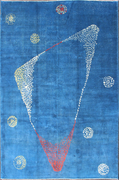 Mid - Century Modern Rug with Modern Design in medium Blue Background. Measures: 6'7 x 10'2 Rendered in random circles with an abstract triangle shape, this Mid - Century Modern rug is set on Sapphire Blue background with shades of white, red an... - Keivan Woven ArtsEN - 140430 - 5660Rug