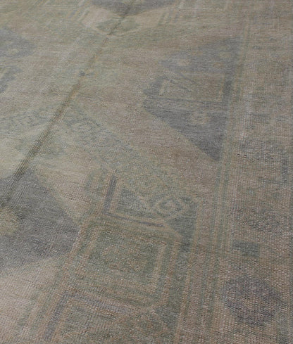Muted Turkish Oushak Carpet with Two Diamond Medallions in Blue and Gray This Turkish Oushak carpet features a design with two central medallions, as well as patterns of smaller all - over diamonds and scattered sprays of vine scroll and palmettes... - Keivan Woven ArtsEN - 140440 - 6362Rug