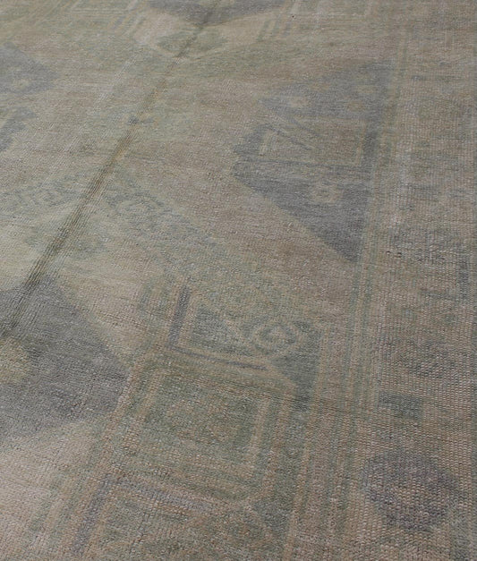 Muted Turkish Oushak Carpet with Two Diamond Medallions in Blue and Gray This Turkish Oushak carpet features a design with two central medallions, as well as patterns of smaller all - over diamonds and scattered sprays of vine scroll and palmettes... - Keivan Woven ArtsEN - 140440 - 6362Rug