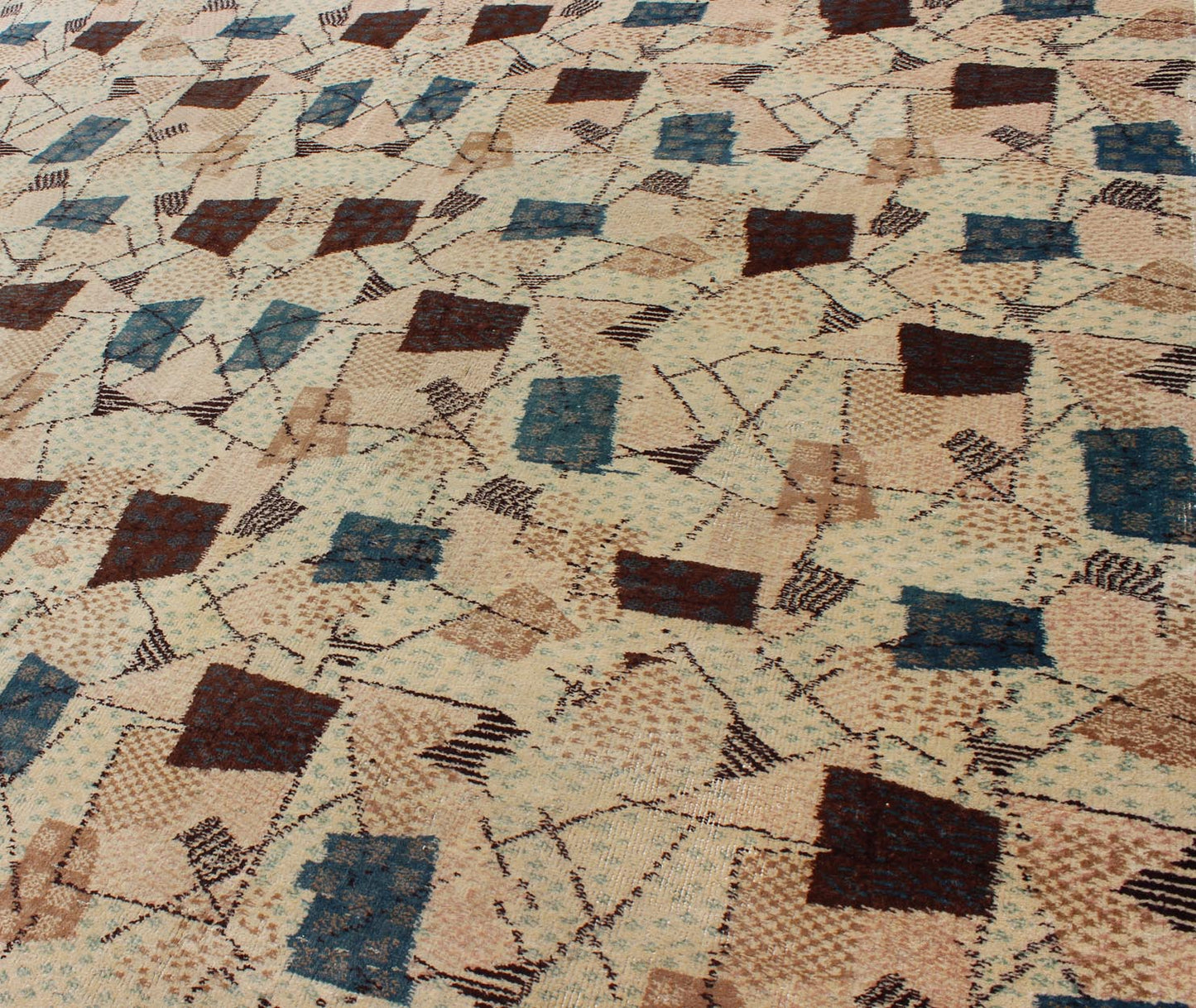 Mid - Century Modern Turkish Rug This extraordinary one - of - a - kind Mid - Century Modern rug features a deconstructed pattern in a spectrum of earthy hues, various blues, and soft tones, along with brown color elements and highlights. Measures: 6'8... - Keivan Woven ArtsEN - 140468 - 6053Rug