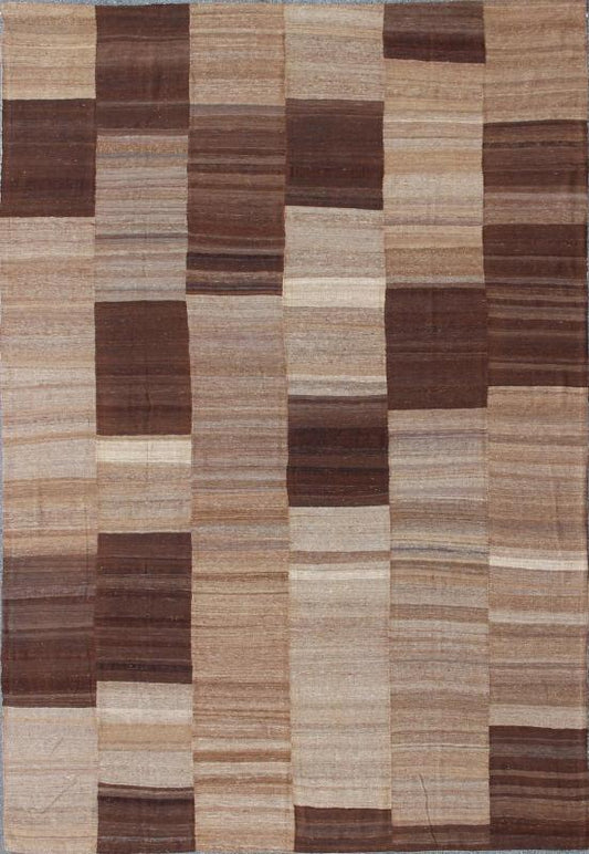 Large Hand Woven Flat Weave Kilim in Six Panels of Dark Brown, Light Brown, Taupe & Khaki. Large Hand Woven Vintage Kilim in Six Panels. Keivan Woven Arts / Rug / EN - 140470. Large vintage Flat weave. Measures: 11'7 x 16'8 Six panel... - Keivan Woven ArtsEN - 140470 - 5670Rug