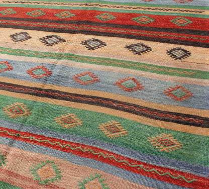 Vintage Turkish Kilim Carpet with Colorful Geometric Stripe Design. Vintage Hand - Knotted Turkish Kilim with Geometric Stripes, rug EN - 140519, country of origin / type: Turkey / Oushak, circa mid - 20th century. Featuring tribal shapes with a sp... - Keivan Woven ArtsEN - 140519 - 6061Rug