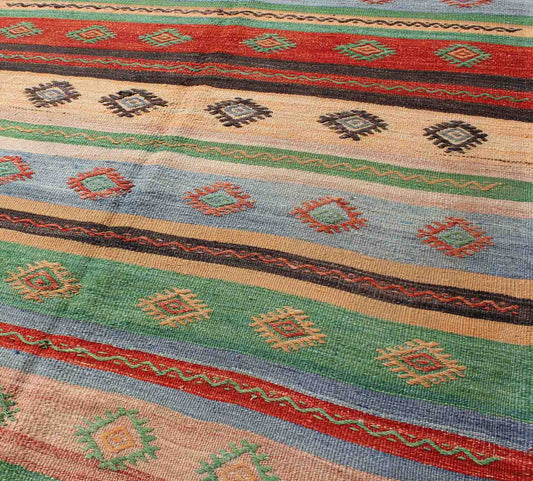 Vintage Turkish Kilim Carpet with Colorful Geometric Stripe Design. Vintage Hand - Knotted Turkish Kilim with Geometric Stripes, rug EN - 140519, country of origin / type: Turkey / Oushak, circa mid - 20th century. Featuring tribal shapes with a sp... - Keivan Woven ArtsEN - 140519 - 6061Rug