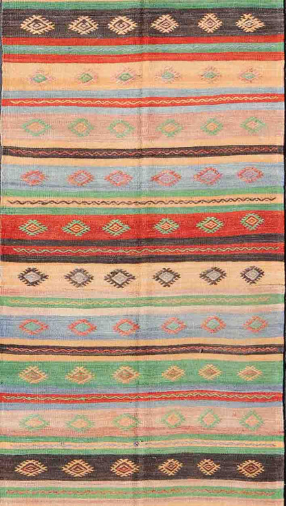 Vintage Turkish Kilim Carpet with Colorful Geometric Stripe Design. Vintage Hand - Knotted Turkish Kilim with Geometric Stripes, rug EN - 140519, country of origin / type: Turkey / Oushak, circa mid - 20th century. Featuring tribal shapes with a sp... - Keivan Woven ArtsEN - 140519 - 6061Rug