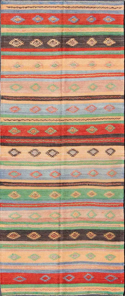 Vintage Turkish Kilim Carpet with Colorful Geometric Stripe Design. Vintage Hand - Knotted Turkish Kilim with Geometric Stripes, rug EN - 140519, country of origin / type: Turkey / Oushak, circa mid - 20th century. Featuring tribal shapes with a sp... - Keivan Woven ArtsEN - 140519 - 6061Rug