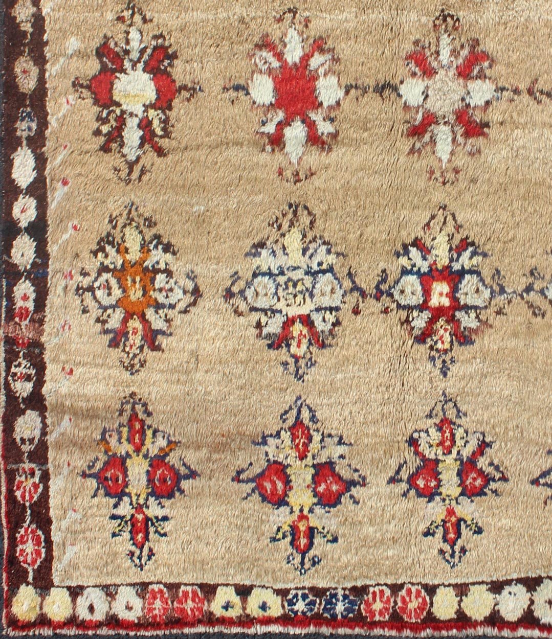 Angora Turkish Tulu Carpet with Colorful Floral Designs Set on Sand Field Angora Turkish Tulu Carpet Antique rug//en - 140522 origin/turkey kwarugs his Tulu carpet features several multicolored floral motifs laid across a sand - colored field... - Keivan Woven ArtsEN - 140522 - 6370Rug