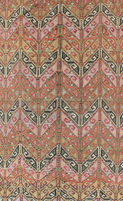 Vintage Embroidered Kilim Jajeem Rug Set on a multicolored background, this geometric Kilim Jajeem bears a large - scale repeating pattern. Colors include an array of gold, light green, pink, light blue, charcoal, red, yellow, orange and ivory. ... - Keivan Woven ArtsEN - 140532 - 6065Rug