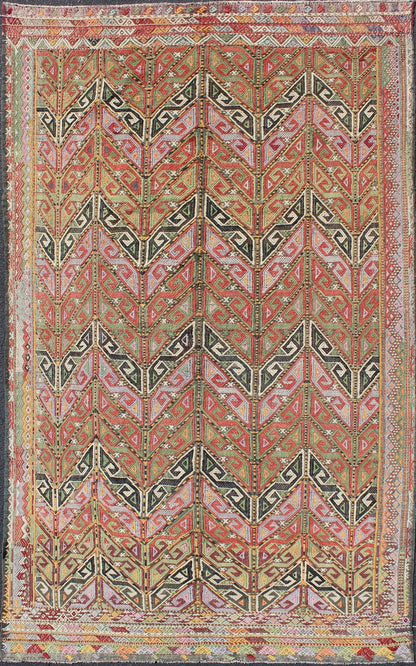 Vintage Embroidered Kilim Jajeem Rug Set on a multicolored background, this geometric Kilim Jajeem bears a large - scale repeating pattern. Colors include an array of gold, light green, pink, light blue, charcoal, red, yellow, orange and ivory. ... - Keivan Woven ArtsEN - 140532 - 6065Rug