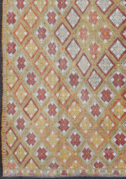 Modern design, Colorful Vintage Turkish Flat - Weave Kilim Rug with Geometric Diamonds, embroidered flat weave rug, kwarugs Diamond design multicolored vintage flat - weave Turkish Kilim rug, rug en - 140535, country of origin / type: Turkey / Kilim, ... - Keivan Woven ArtsEN - 140535 - 6073Rug