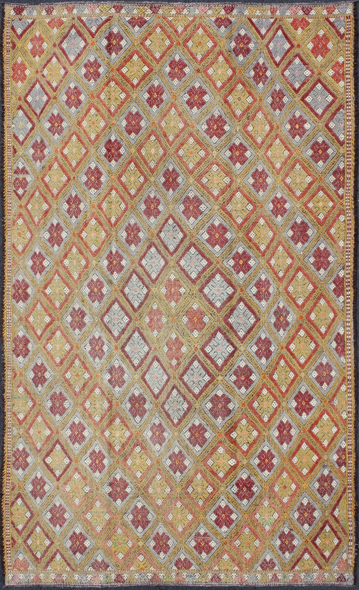 Modern design, Colorful Vintage Turkish Flat - Weave Kilim Rug with Geometric Diamonds, embroidered flat weave rug, kwarugs Diamond design multicolored vintage flat - weave Turkish Kilim rug, rug en - 140535, country of origin / type: Turkey / Kilim, ... - Keivan Woven ArtsEN - 140535 - 6073Rug