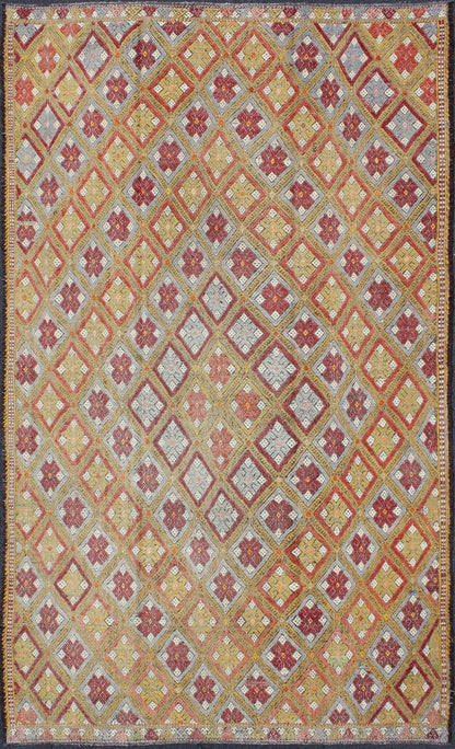 Modern design, Colorful Vintage Turkish Flat - Weave Kilim Rug with Geometric Diamonds, embroidered flat weave rug, kwarugs Diamond design multicolored vintage flat - weave Turkish Kilim rug, rug en - 140535, country of origin / type: Turkey / Kilim, ... - Keivan Woven ArtsEN - 140535 - 6073Rug