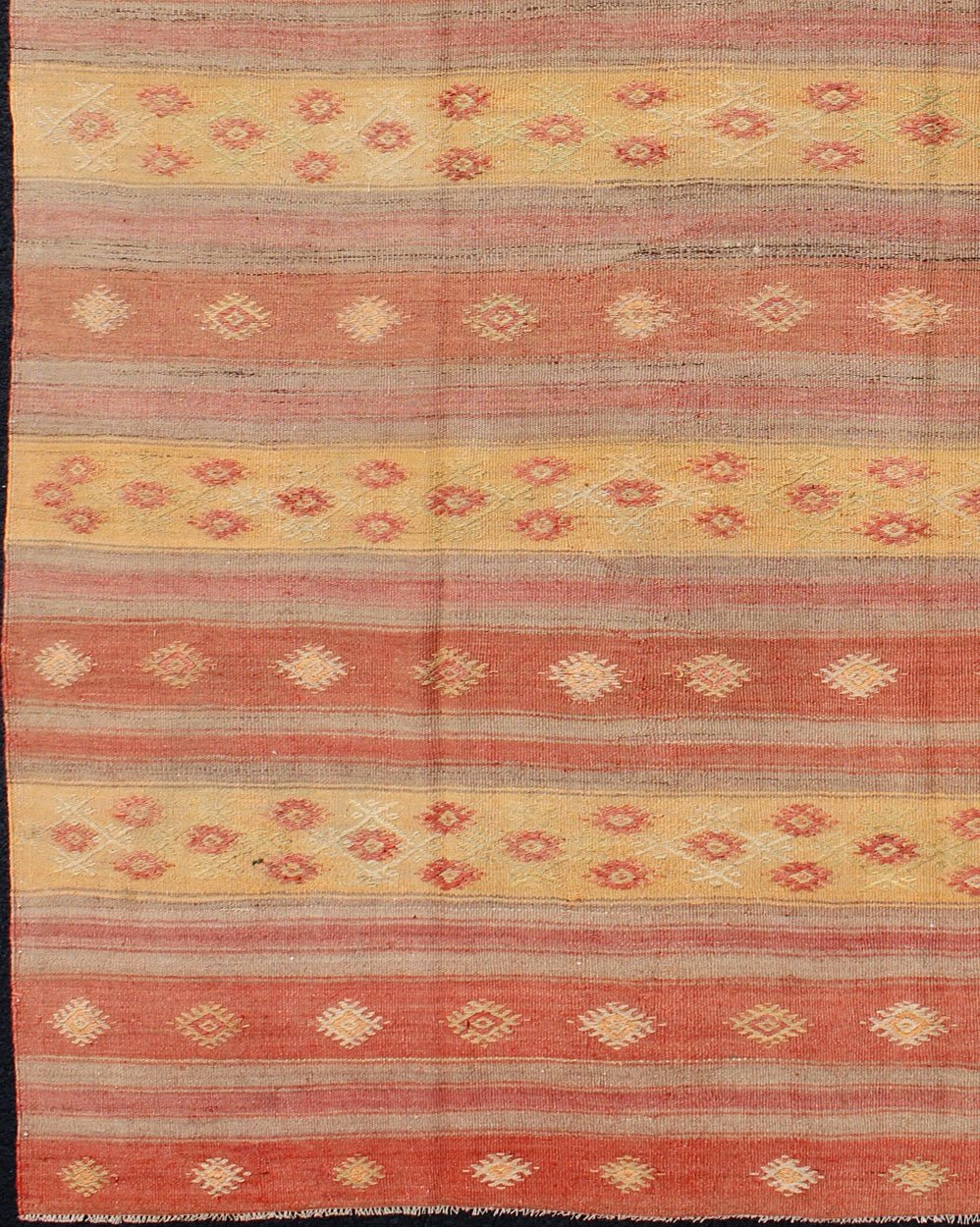 Keivan Woven Arts, En - 140546, Vintage Mid - Century Turkish Kilim Rug. Stripe design in multi - colors Turkish Kilim flat - weave vintage rug with geometric motifs, rug en - 140546, country of origin / type: turkey / Kilim, circa 1950. Featuring geometr... - Keivan Woven ArtsEN - 140546 - 6085Rug