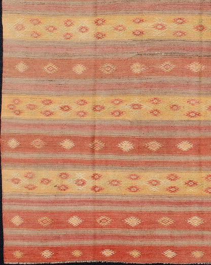 Keivan Woven Arts, En - 140546, Vintage Mid - Century Turkish Kilim Rug. Stripe design in multi - colors Turkish Kilim flat - weave vintage rug with geometric motifs, rug en - 140546, country of origin / type: turkey / Kilim, circa 1950. Featuring geometr... - Keivan Woven ArtsEN - 140546 - 6085Rug
