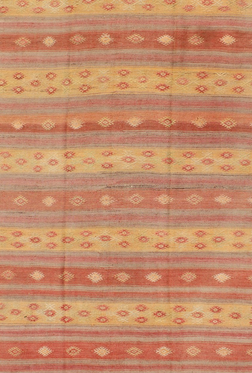 Keivan Woven Arts, En - 140546, Vintage Mid - Century Turkish Kilim Rug. Stripe design in multi - colors Turkish Kilim flat - weave vintage rug with geometric motifs, rug en - 140546, country of origin / type: turkey / Kilim, circa 1950. Featuring geometr... - Keivan Woven ArtsEN - 140546 - 6085Rug