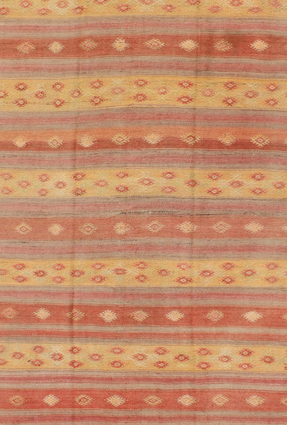 Keivan Woven Arts, En - 140546, Vintage Mid - Century Turkish Kilim Rug. Stripe design in multi - colors Turkish Kilim flat - weave vintage rug with geometric motifs, rug en - 140546, country of origin / type: turkey / Kilim, circa 1950. Featuring geometr... - Keivan Woven ArtsEN - 140546 - 6085Rug