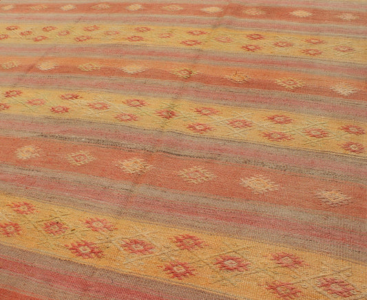 Keivan Woven Arts, En - 140546, Vintage Mid - Century Turkish Kilim Rug. Stripe design in multi - colors Turkish Kilim flat - weave vintage rug with geometric motifs, rug en - 140546, country of origin / type: turkey / Kilim, circa 1950. Featuring geometr... - Keivan Woven ArtsEN - 140546 - 6085Rug